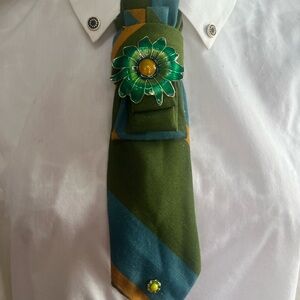 Custom made Stylish Green , yellow and Blue Tie with Floral brooches.